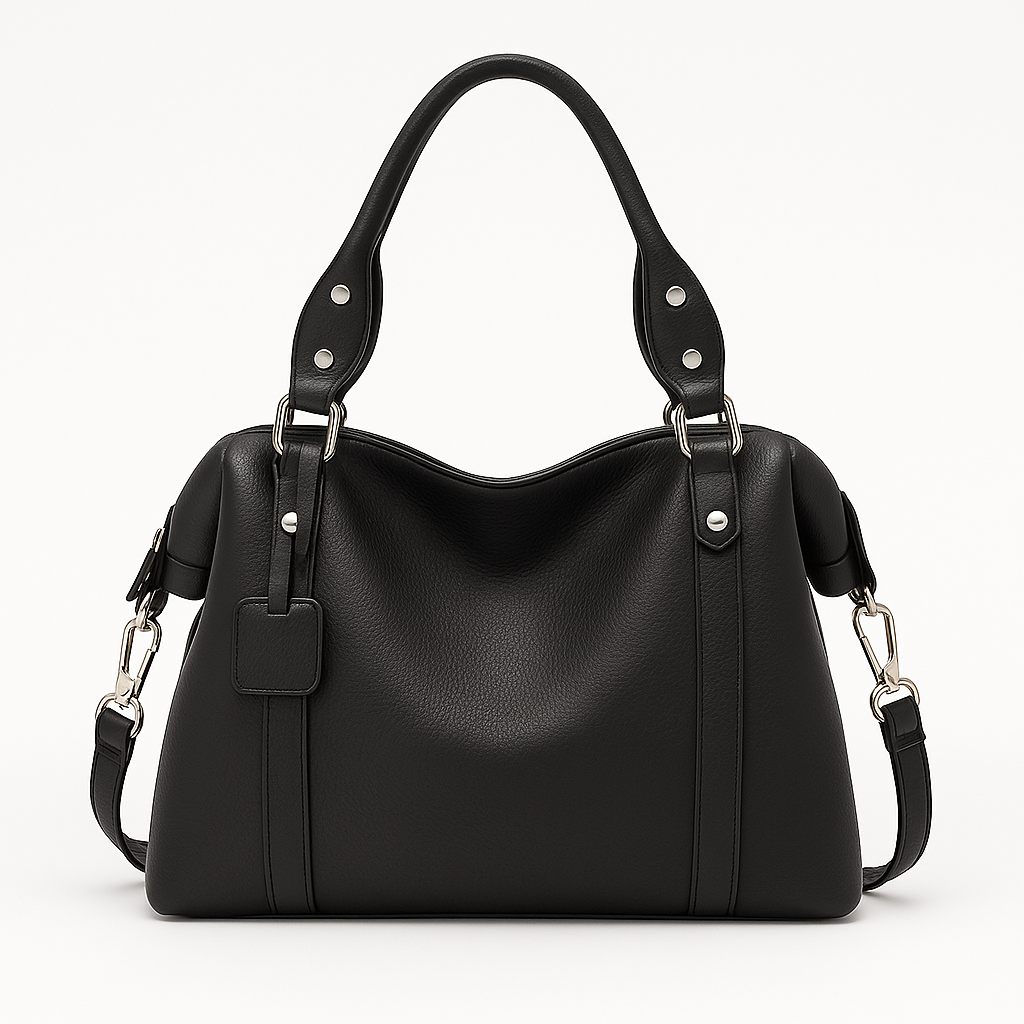 Medium structured handbag with dual handles and side strap details.