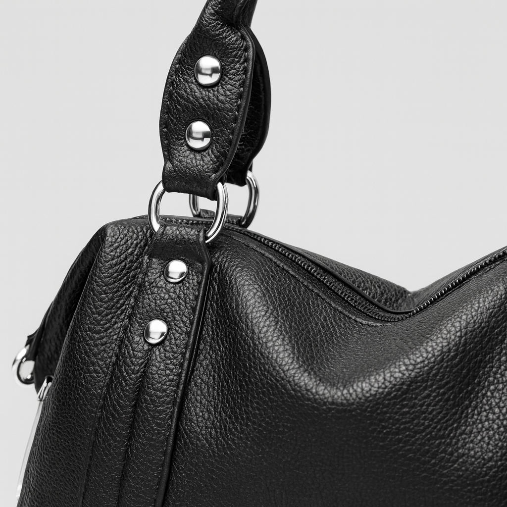 Medium structured handbag with dual handles and side strap details.