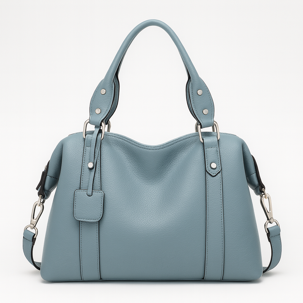 Medium structured handbag with dual handles and side strap details.