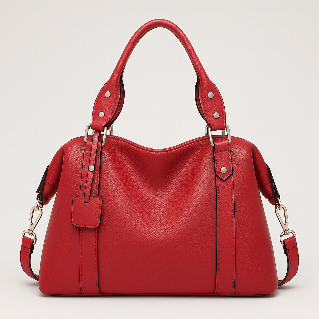 Medium structured handbag with dual handles and side strap details.