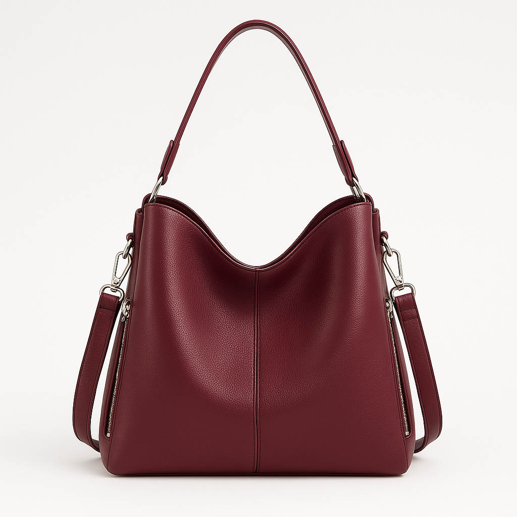 Soft structured shoulder bag with a single handle and side strap accents.