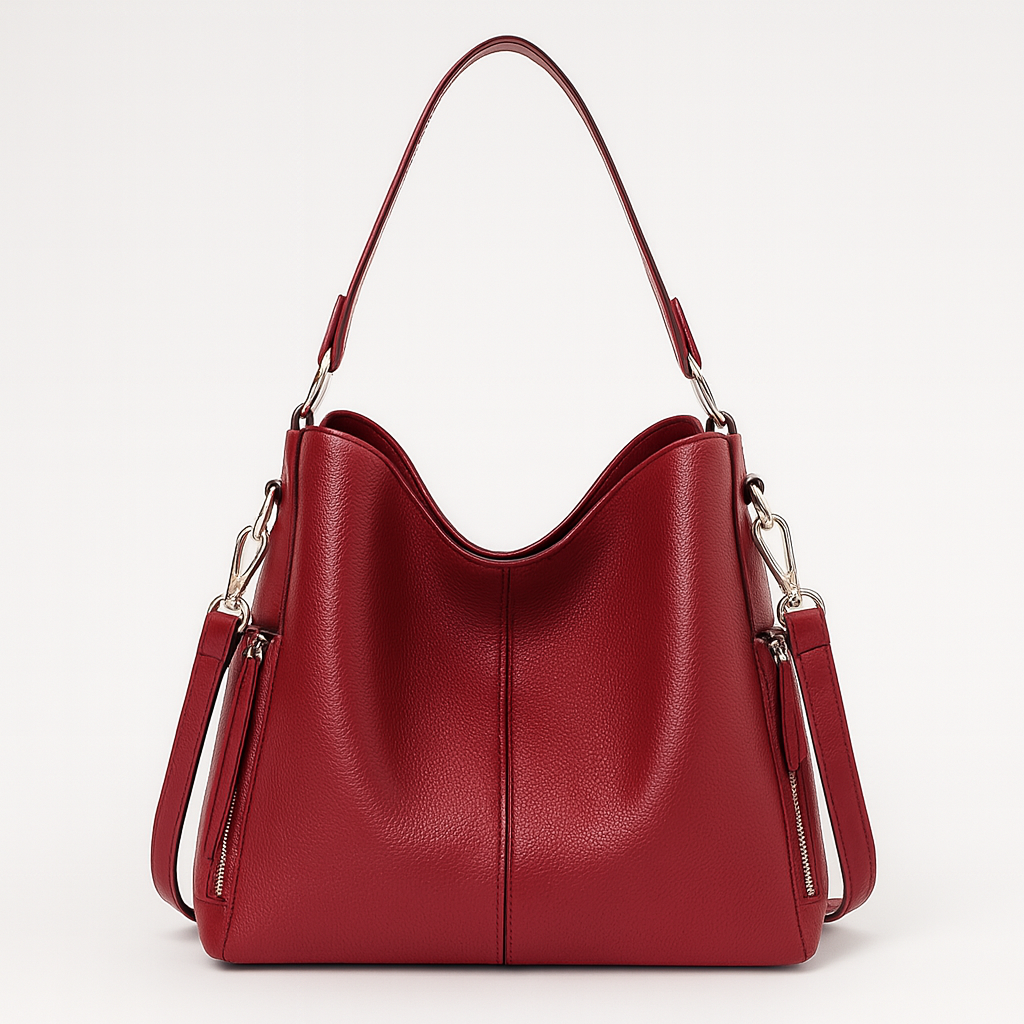 Soft structured shoulder bag with a single handle and side strap accents.