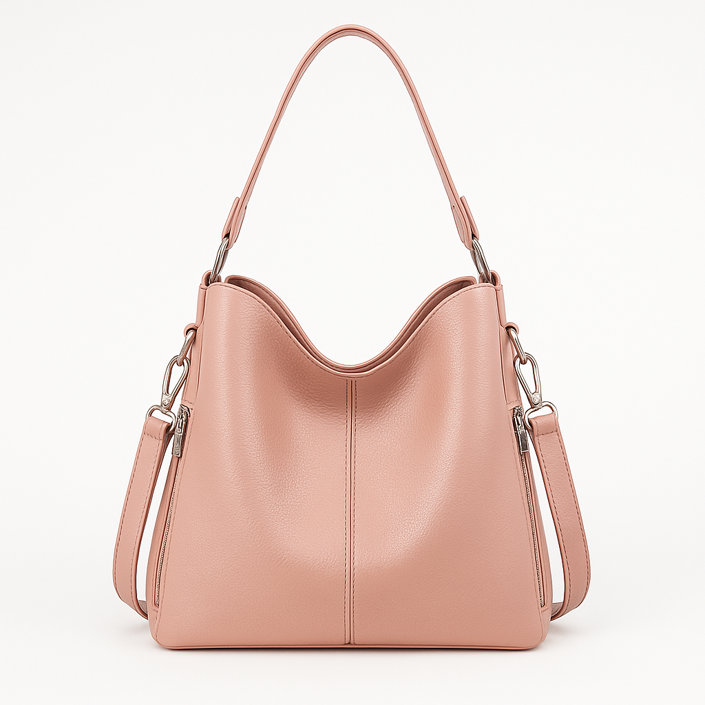 Soft structured shoulder bag with a single handle and side strap accents.