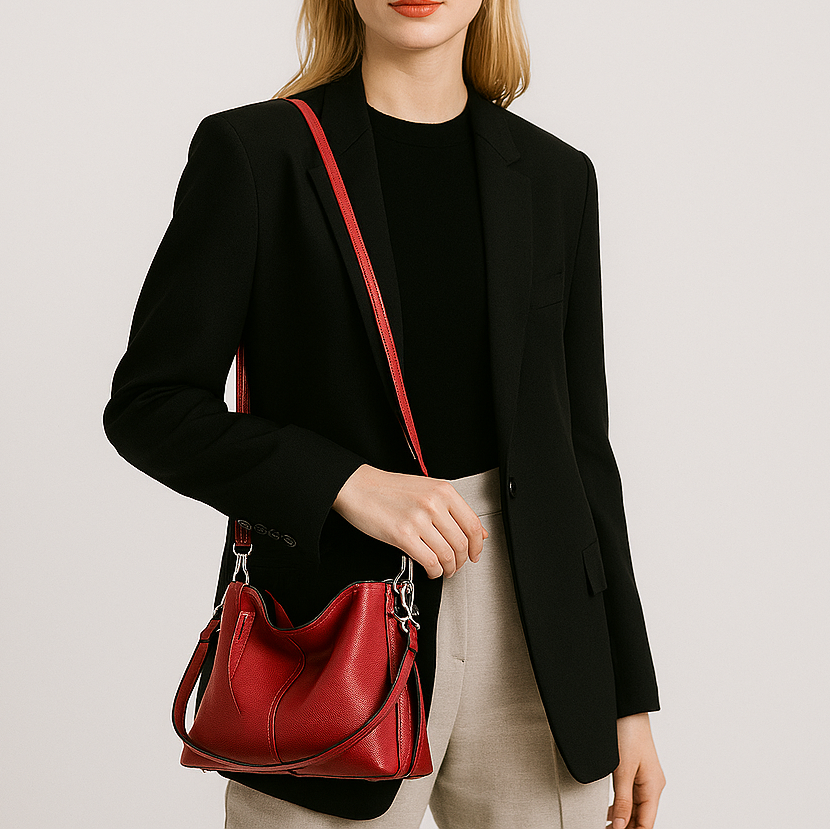 Soft structured shoulder bag with a single handle and side strap accents.