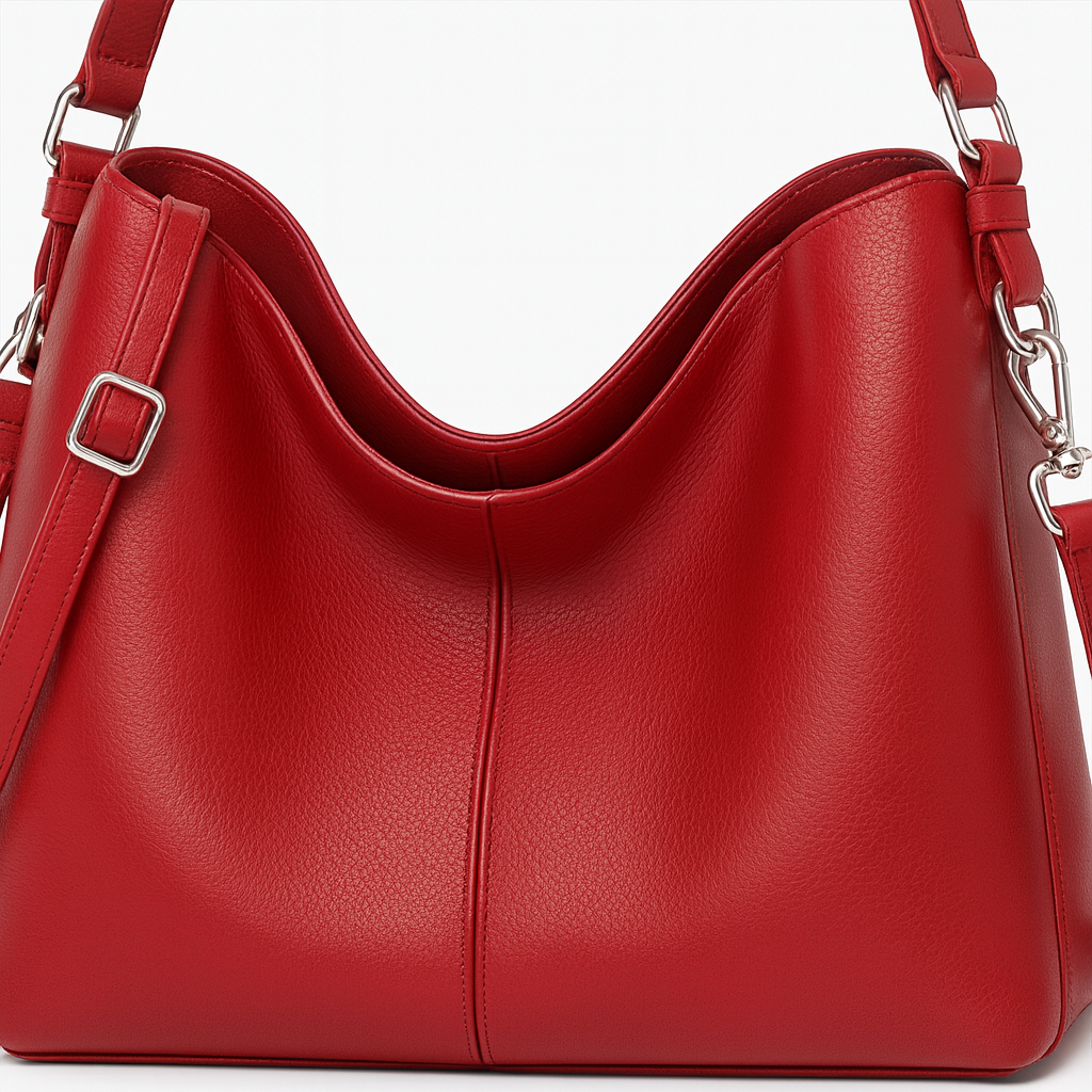 Soft structured shoulder bag with a single handle and side strap accents.