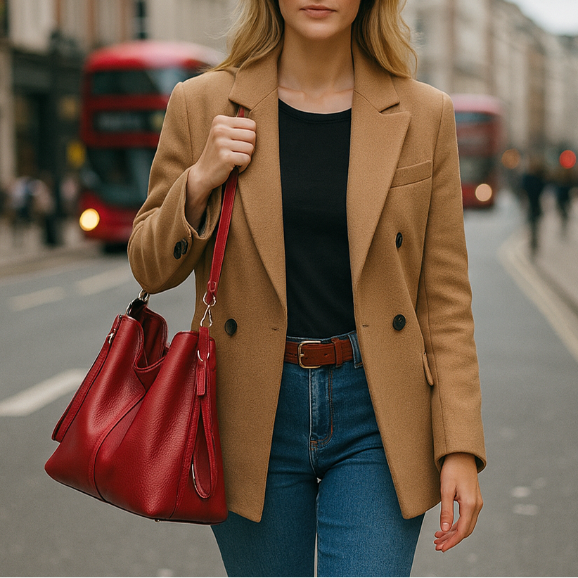 Soft structured shoulder bag with a single handle and side strap accents.