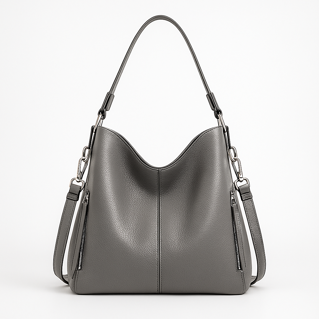 Soft structured shoulder bag with a single handle and side strap accents.