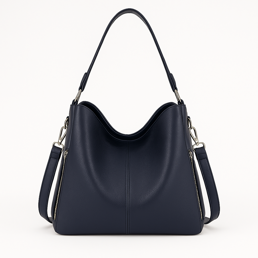 Soft structured shoulder bag with a single handle and side strap accents.
