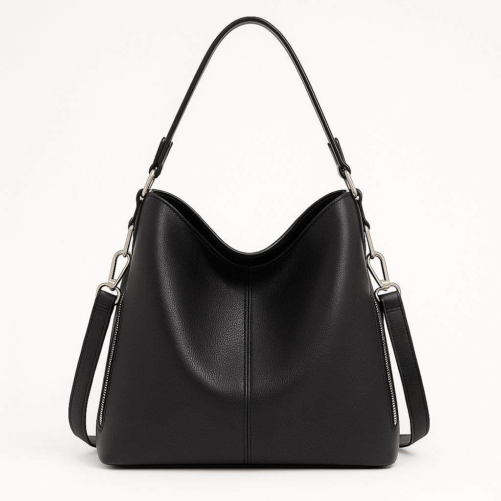 Soft structured shoulder bag with a single handle and side strap accents.