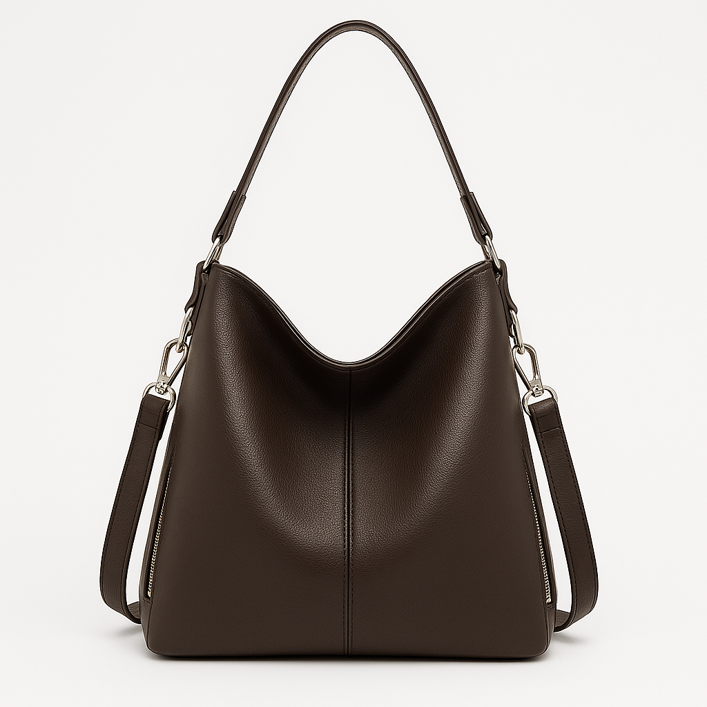 Soft structured shoulder bag with a single handle and side strap accents.