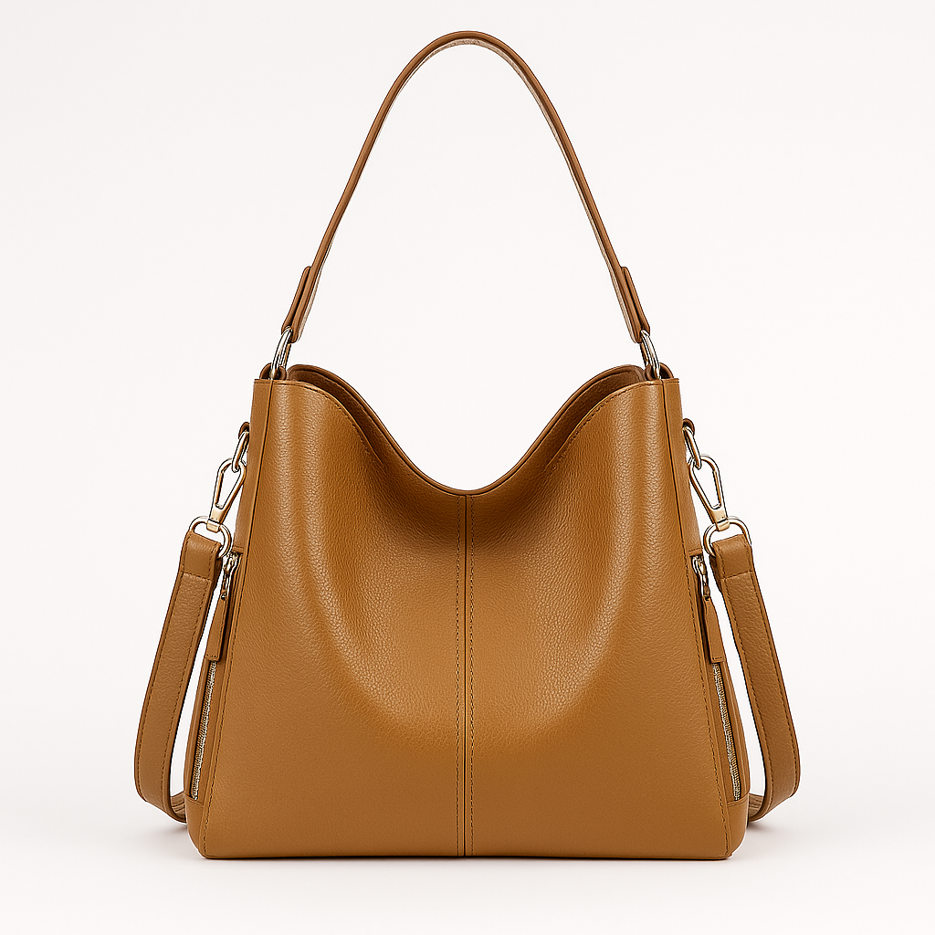 Soft structured shoulder bag with a single handle and side strap accents.