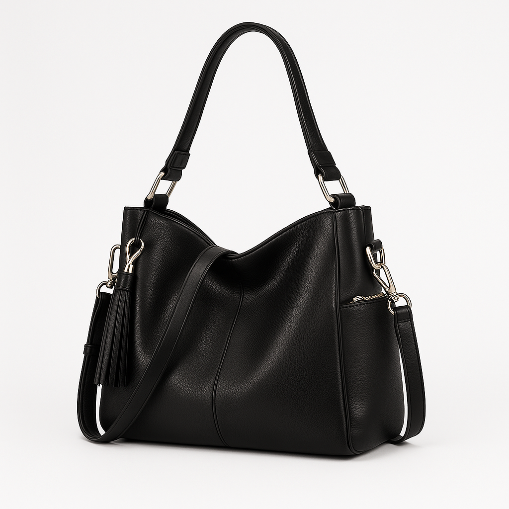 Large soft shoulder bag with dual handles and side strap details.