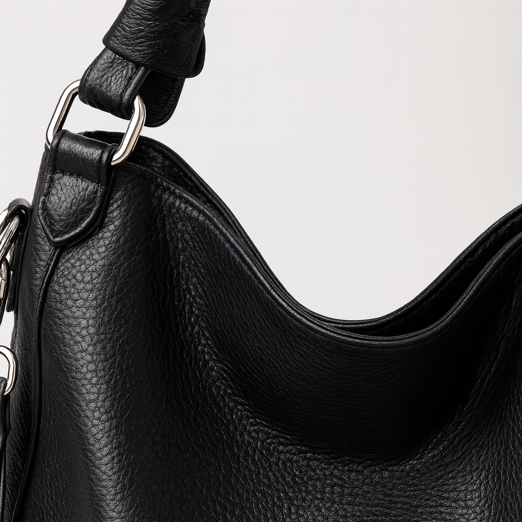 Large soft shoulder bag with dual handles and side strap details.