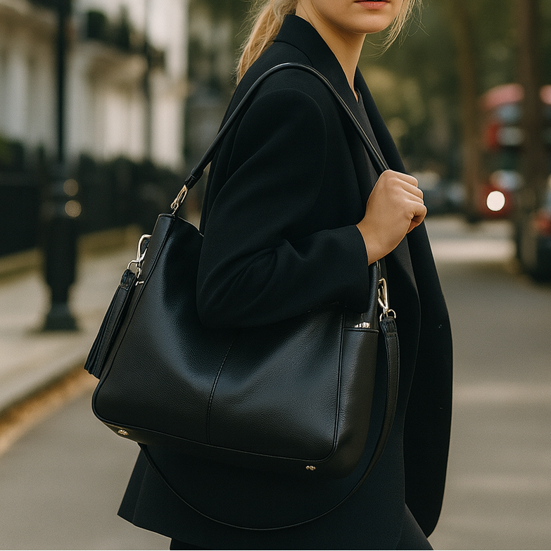 Large soft shoulder bag with dual handles and side strap details.