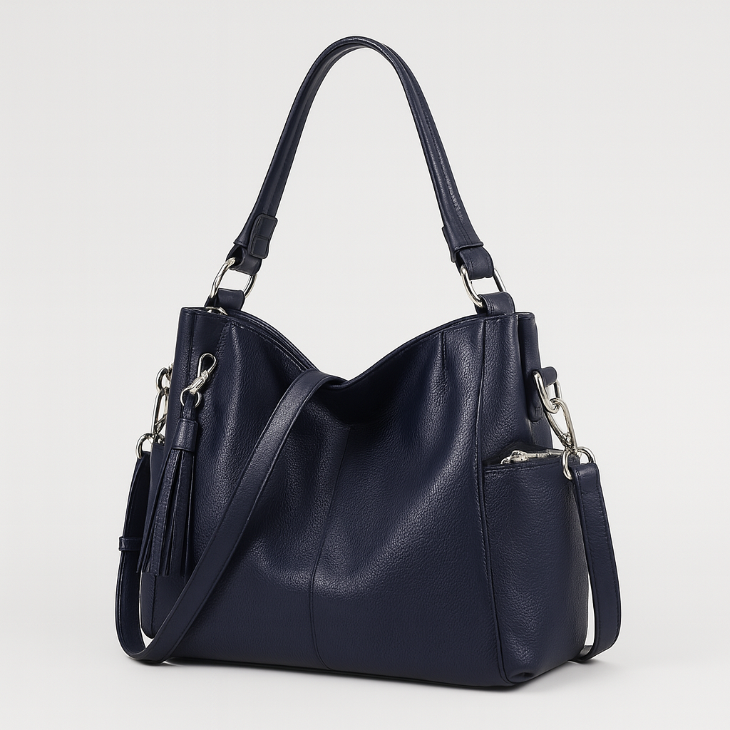 Large soft shoulder bag with dual handles and side strap details.