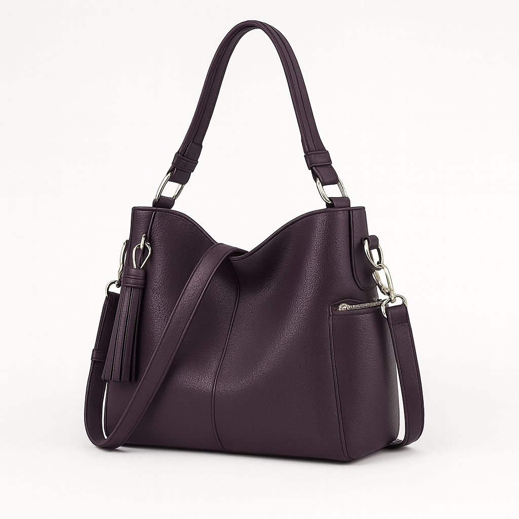 Large soft shoulder bag with dual handles and side strap details.