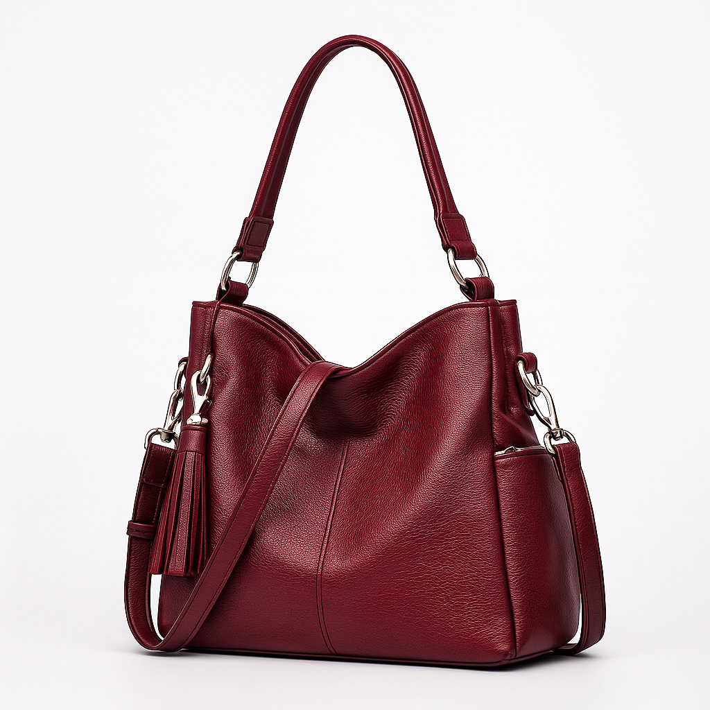 Large soft shoulder bag with dual handles and side strap details.
