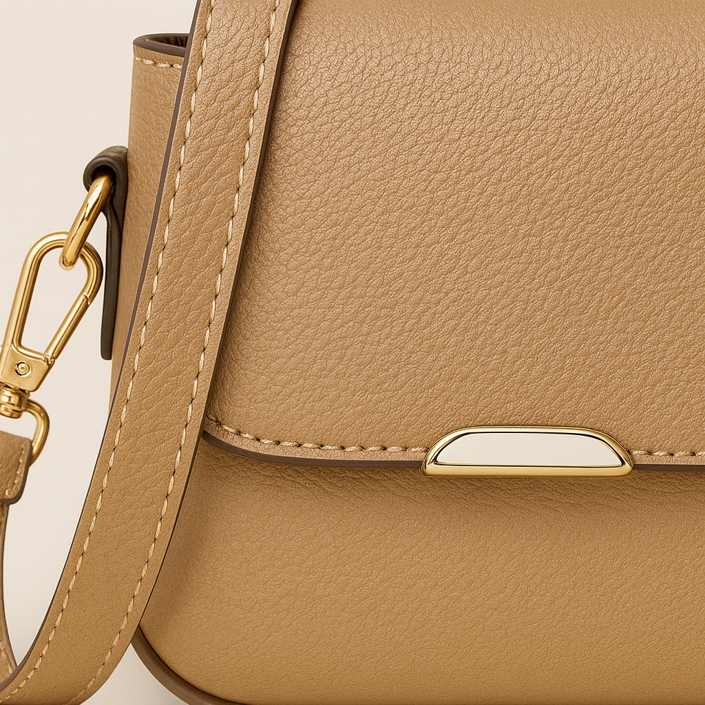 Crossbody bag with curved flap and slim shoulder strap.