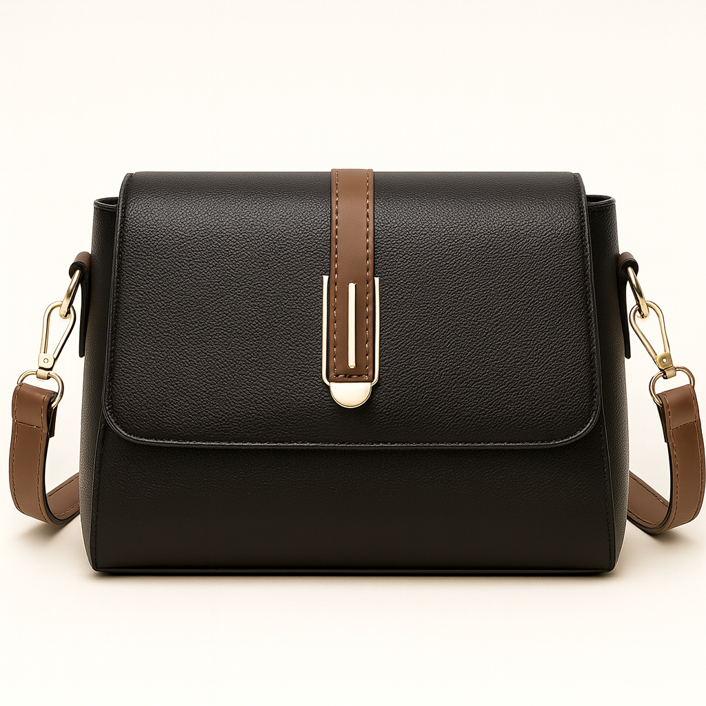 Structured crossbody bag with flap front and center buckle strap.