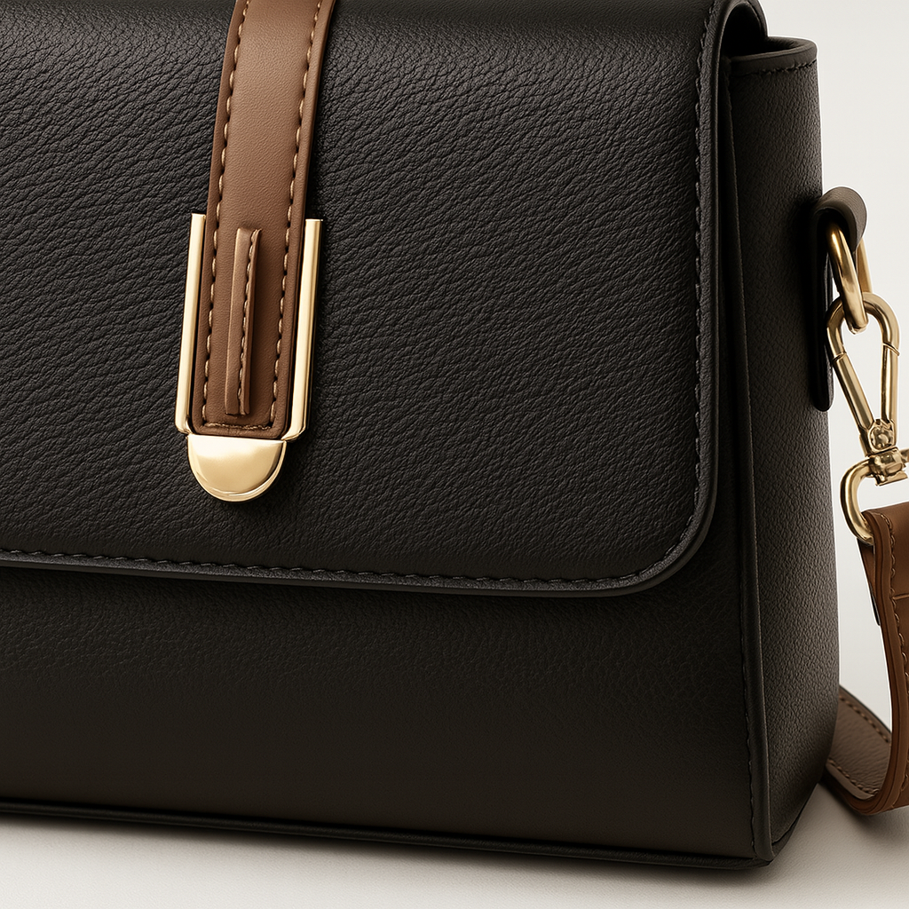 Structured crossbody bag with flap front and center buckle strap.