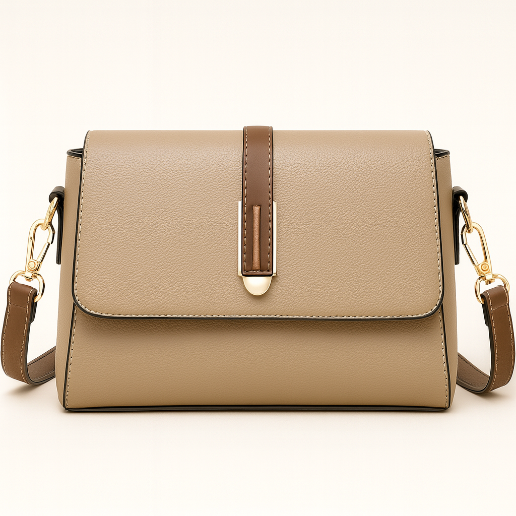 Structured crossbody bag with flap front and center buckle strap.
