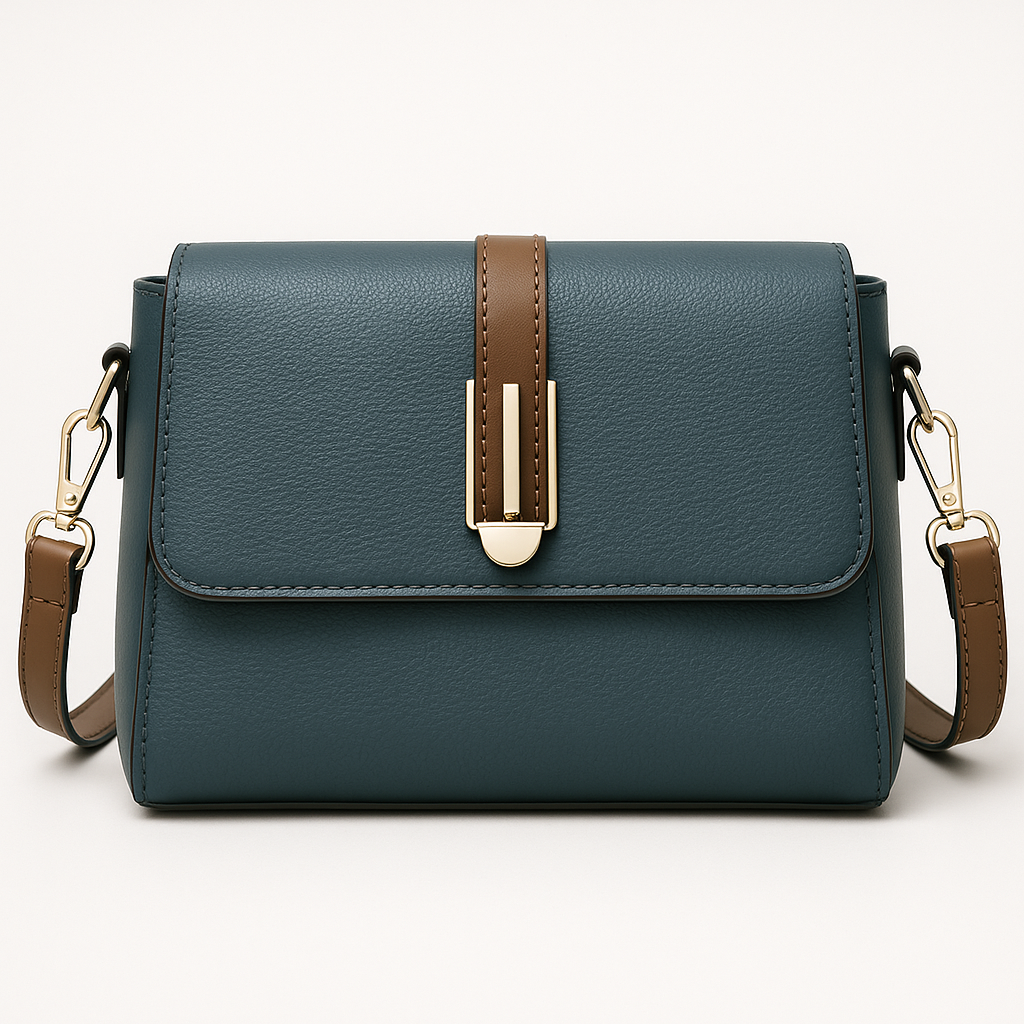 Structured crossbody bag with flap front and center buckle strap.