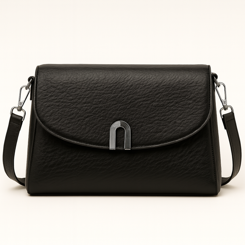 Structured crossbody bag with curved flap and metal clasp.