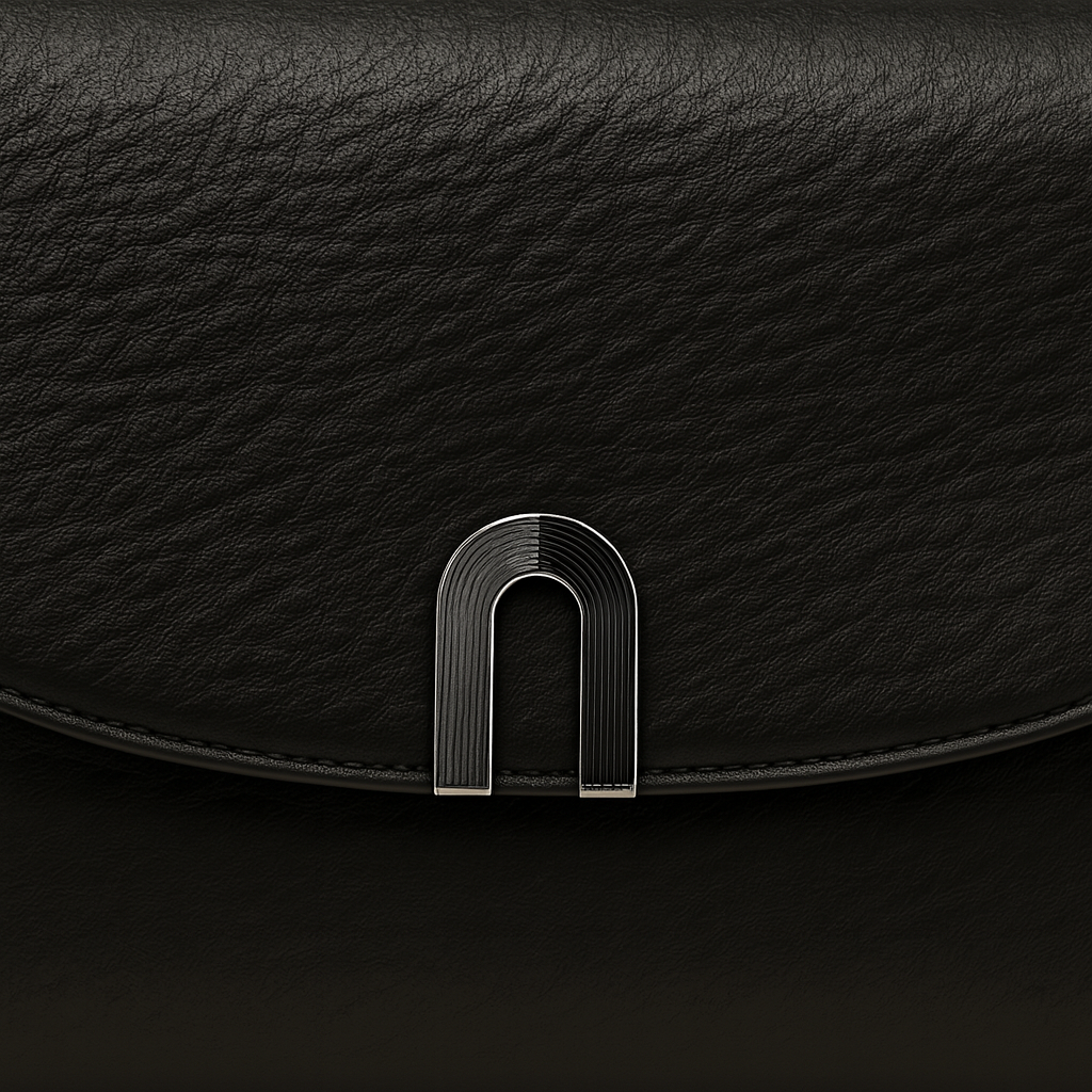 Structured crossbody bag with curved flap and metal clasp.