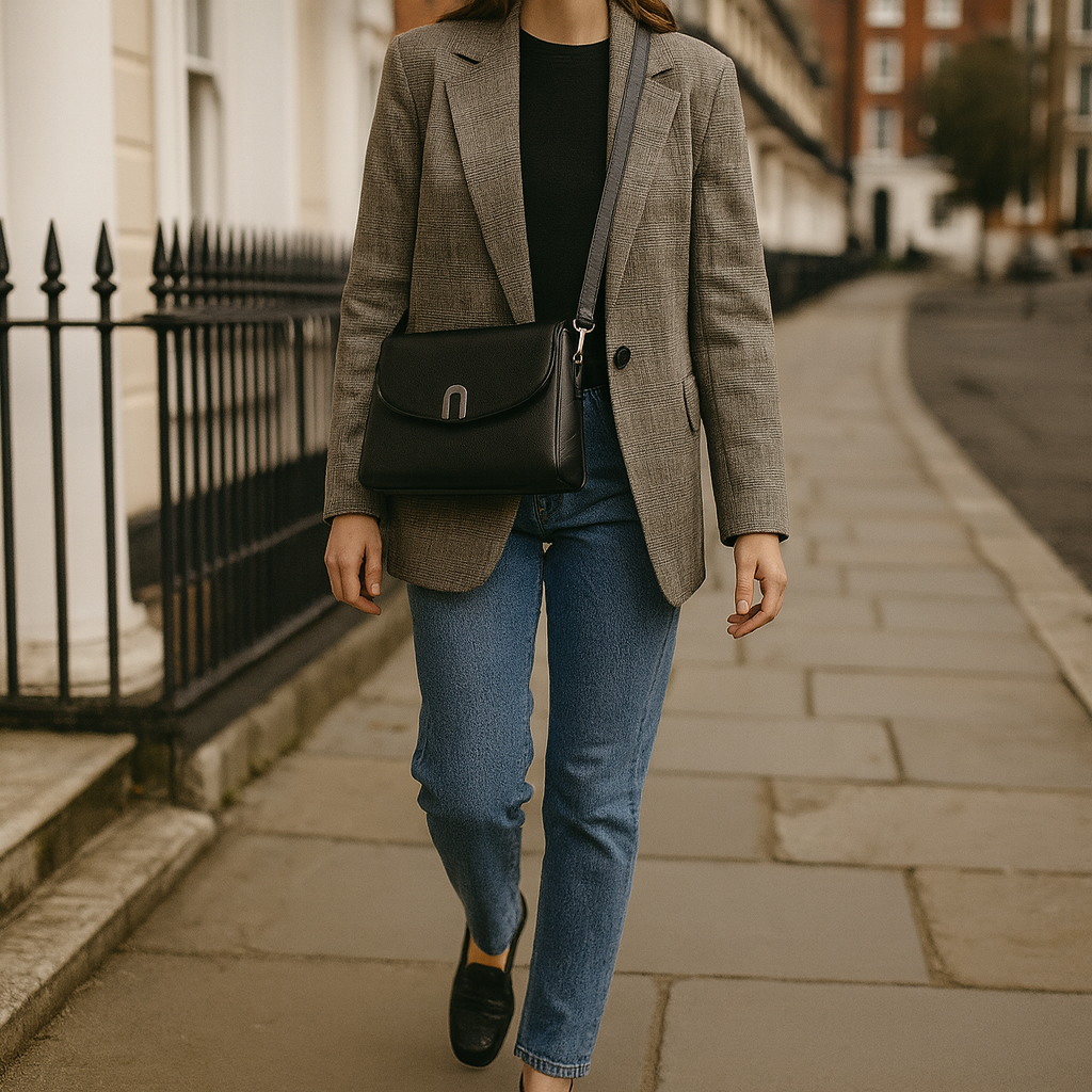 Structured crossbody bag with curved flap and metal clasp.