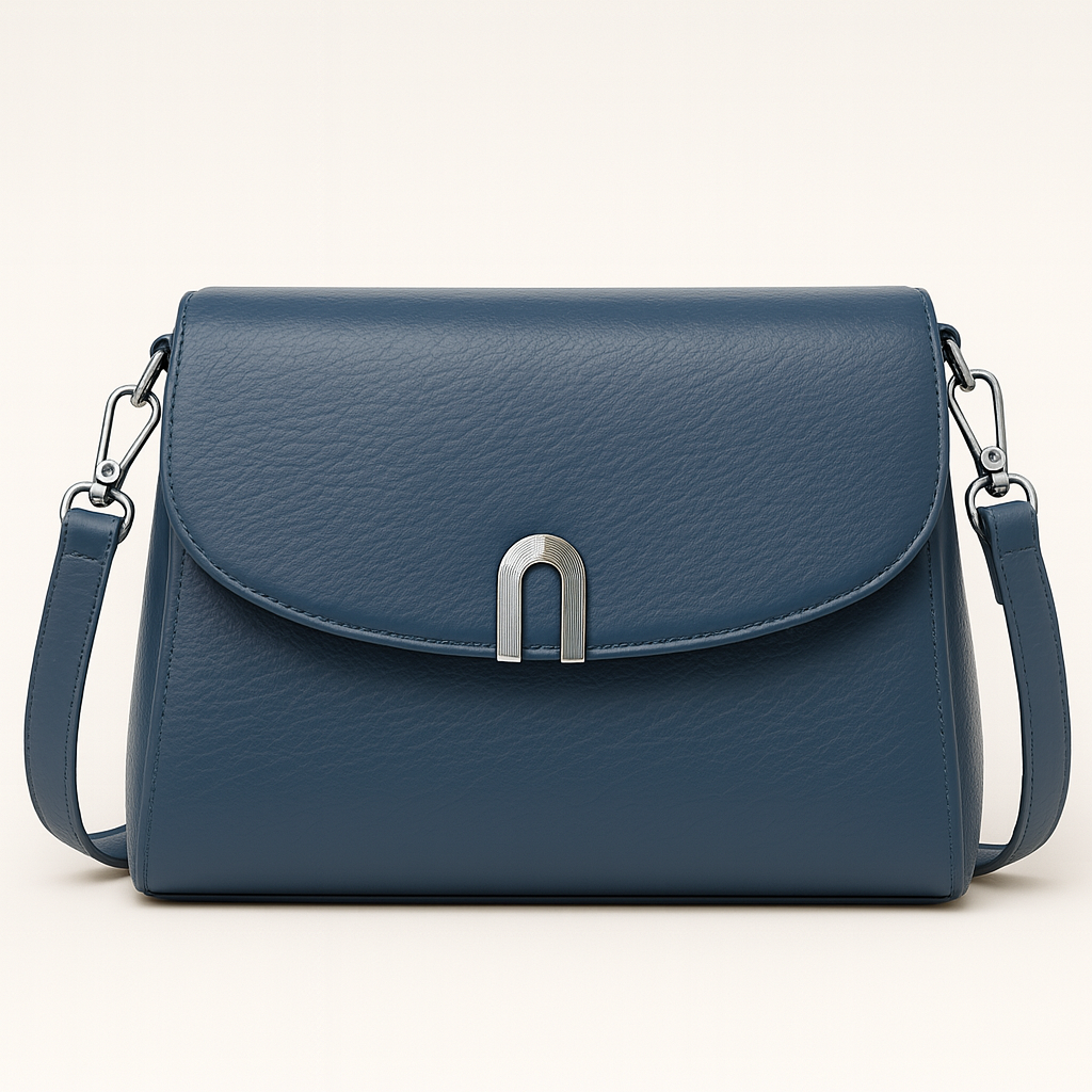 Structured crossbody bag with curved flap and metal clasp.