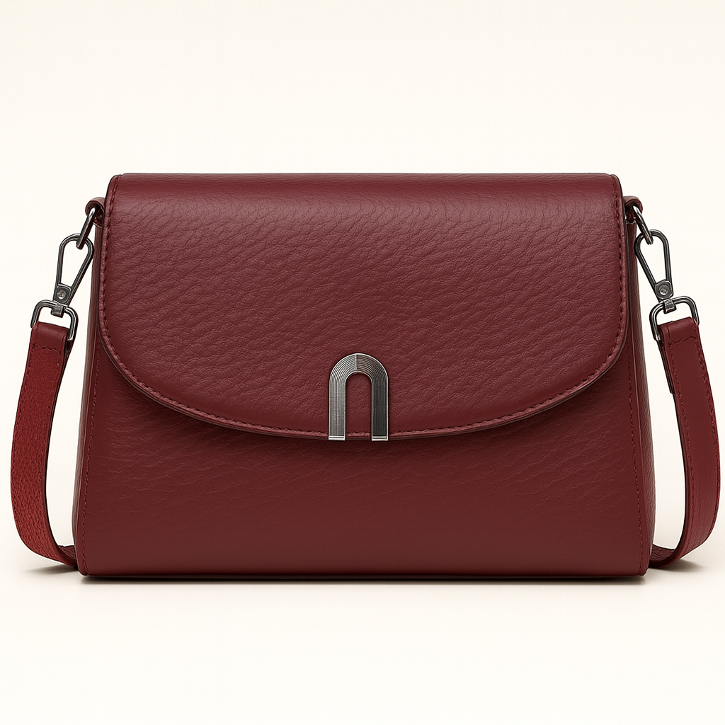 Structured crossbody bag with curved flap and metal clasp.