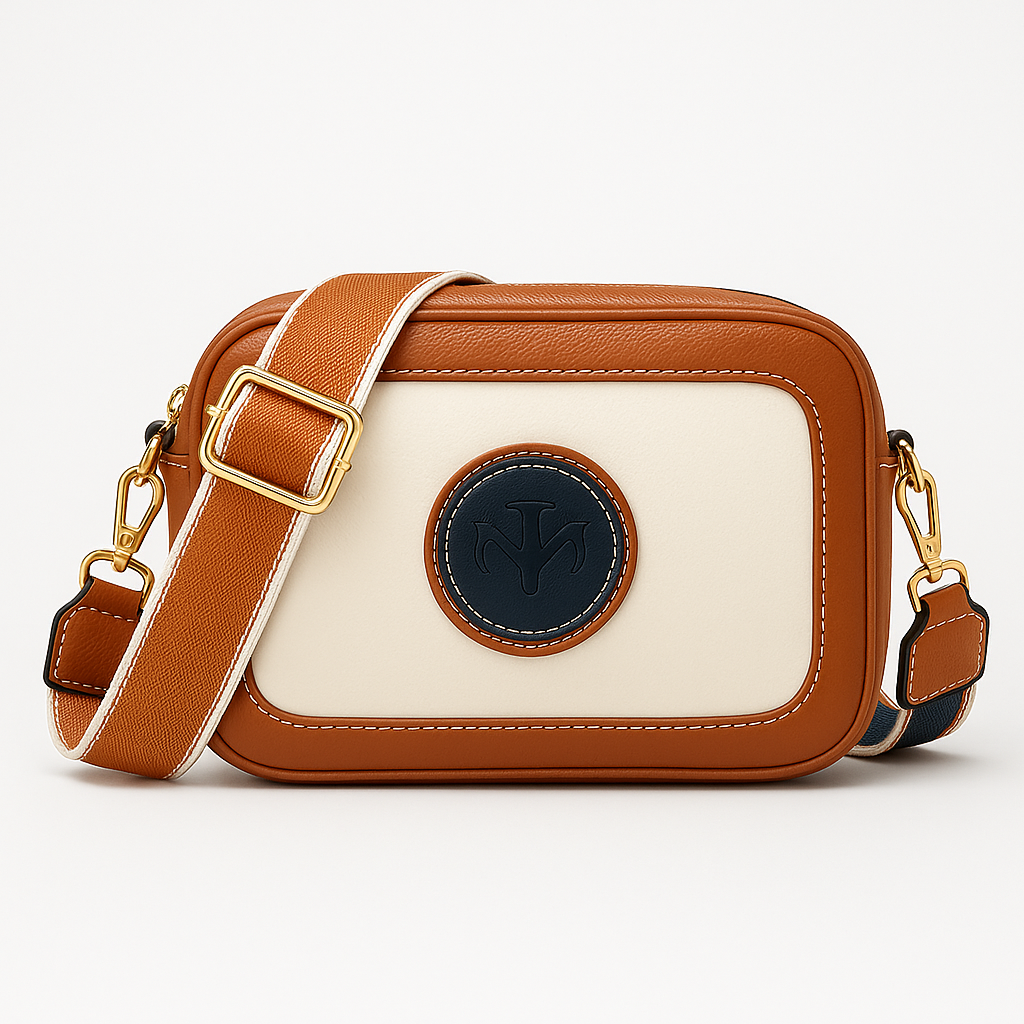 Crossbody bag with contrast trim and wide shoulder strap.