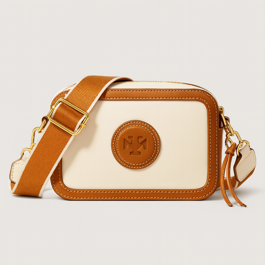 Crossbody bag with contrast trim and wide shoulder strap.