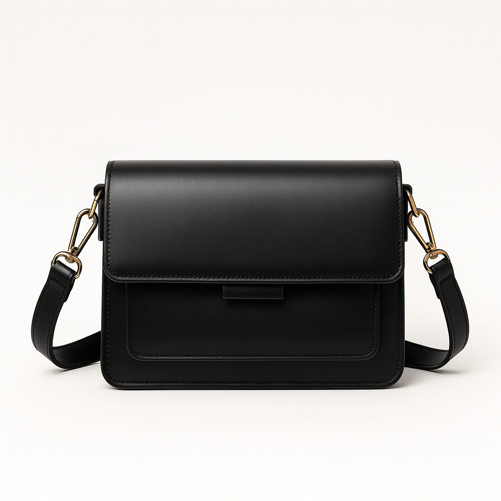 Structured crossbody bag with flap front and adjustable strap.
