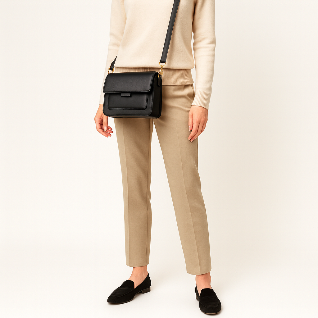 Structured crossbody bag with flap front and adjustable strap.