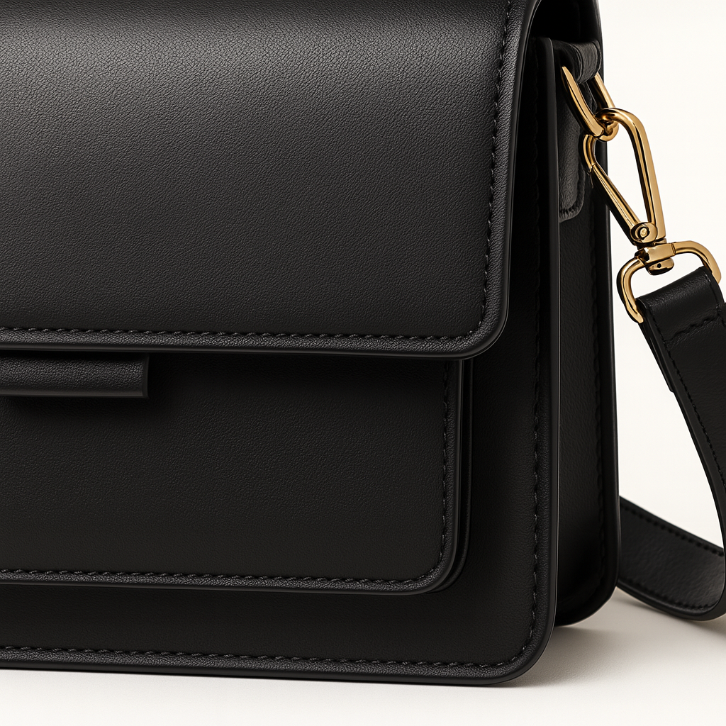 Structured crossbody bag with flap front and adjustable strap.