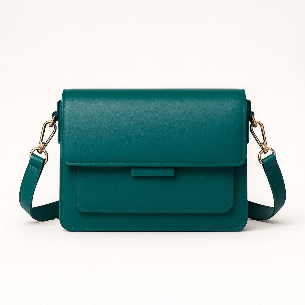 Structured crossbody bag with flap front and adjustable strap.