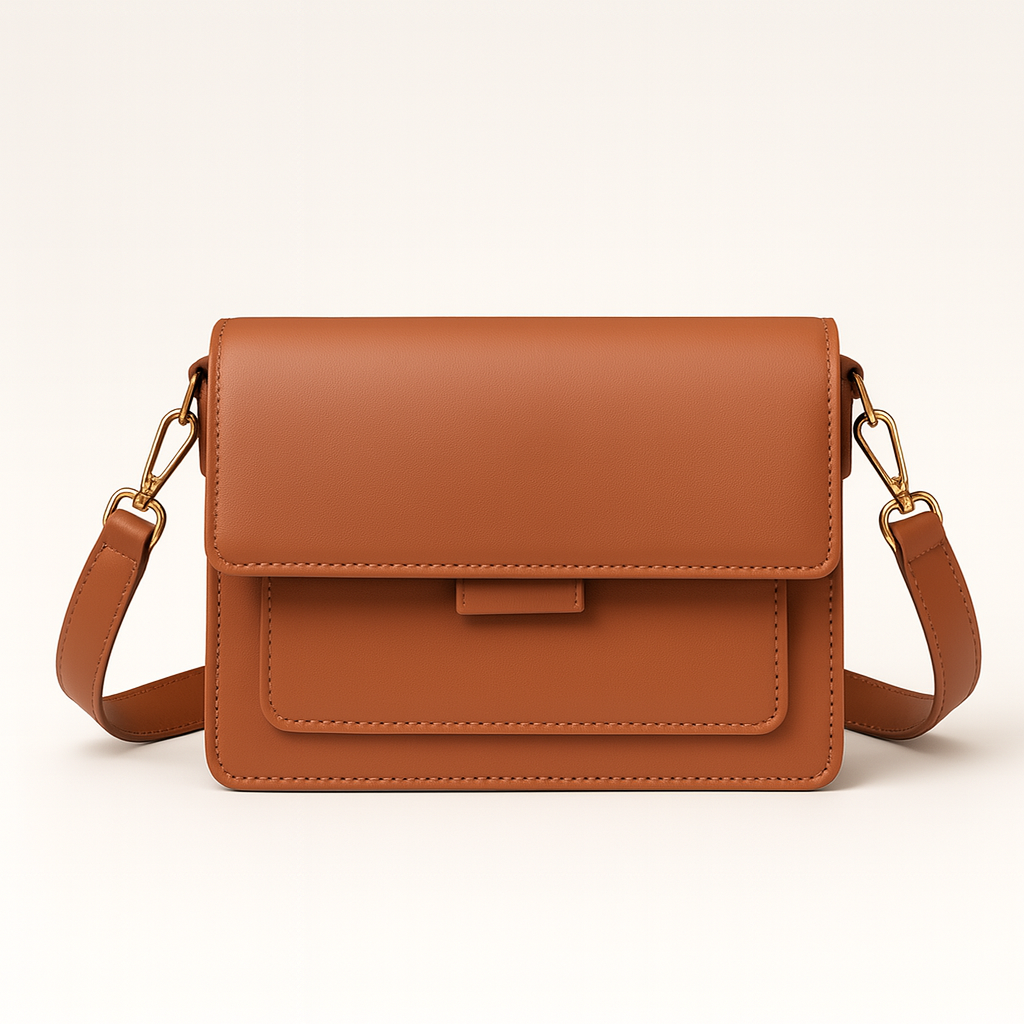 Structured crossbody bag with flap front and adjustable strap.