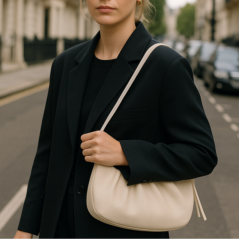 Small structured shoulder bag with a short strap.