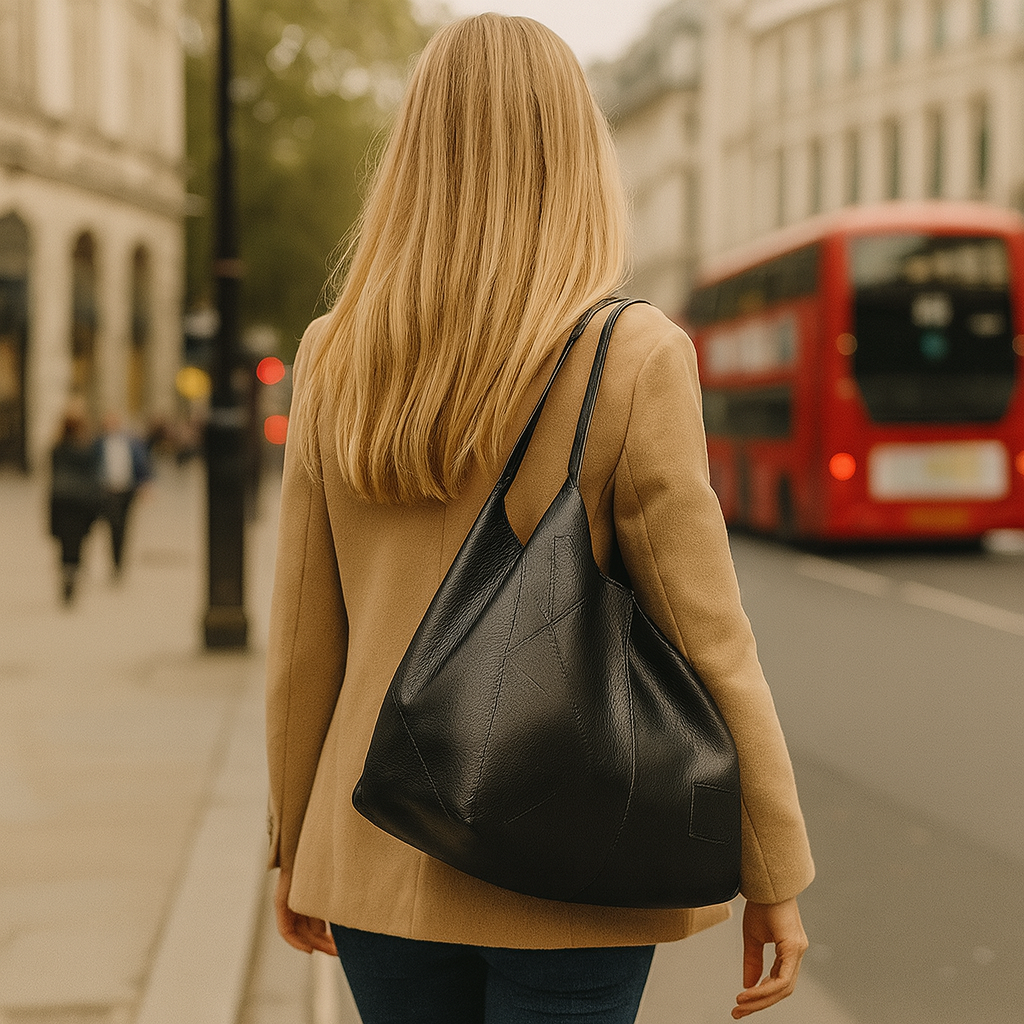 Large soft tote bag with a slouchy silhouette and double shoulder straps.