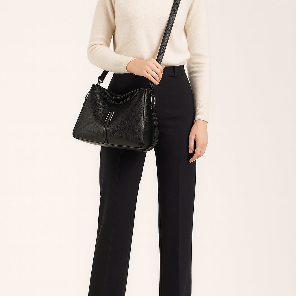 Soft-structured shoulder bag with single metal accent and adjustable strap.