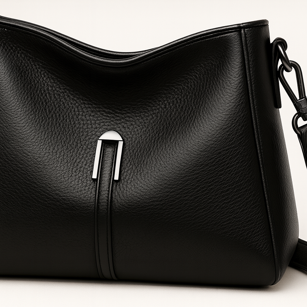 Soft-structured shoulder bag with single metal accent and adjustable strap.