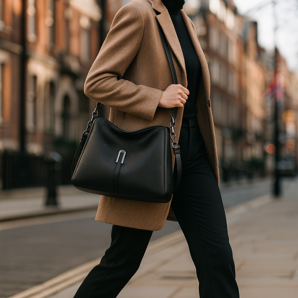 Soft-structured shoulder bag with single metal accent and adjustable strap.