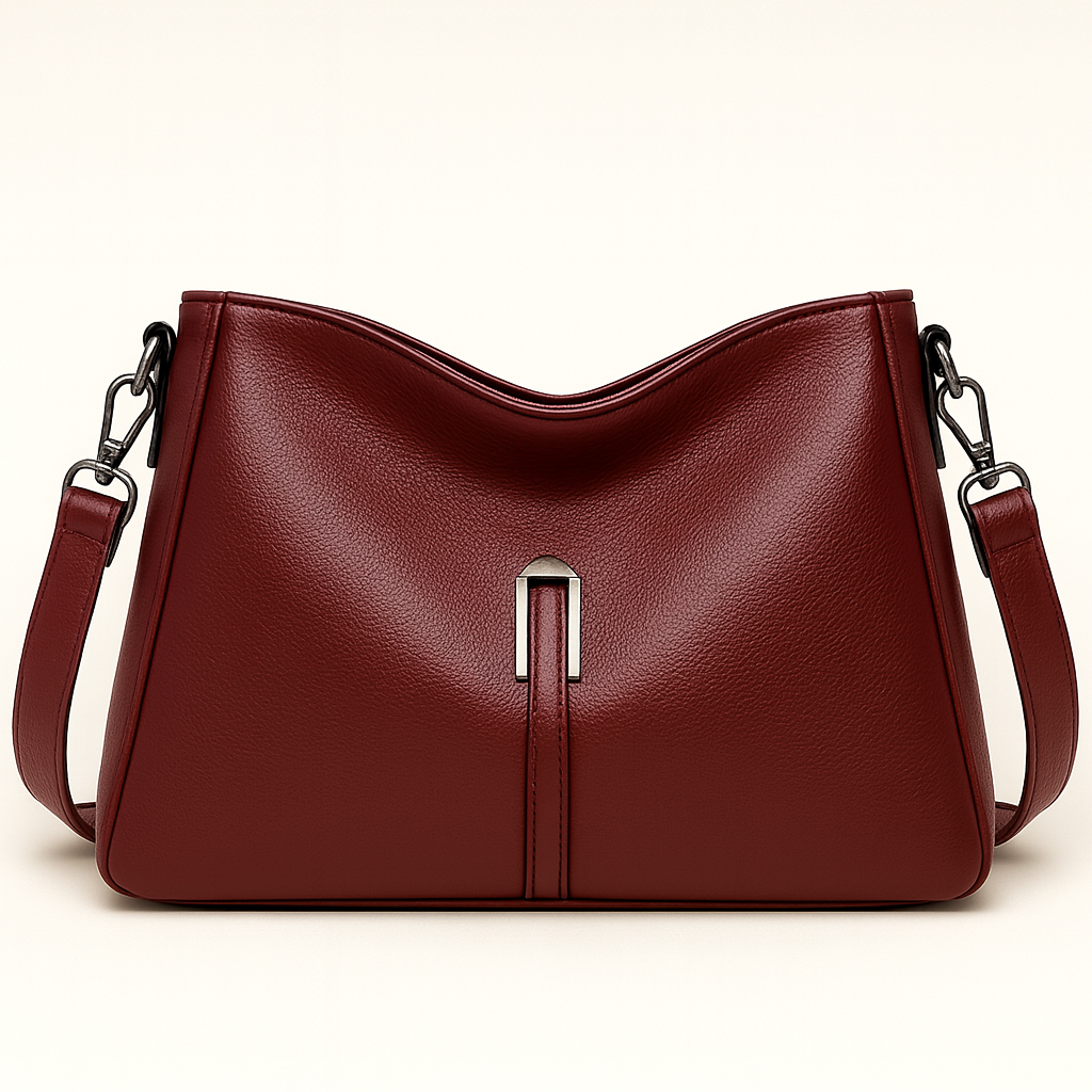 Soft-structured shoulder bag with single metal accent and adjustable strap.