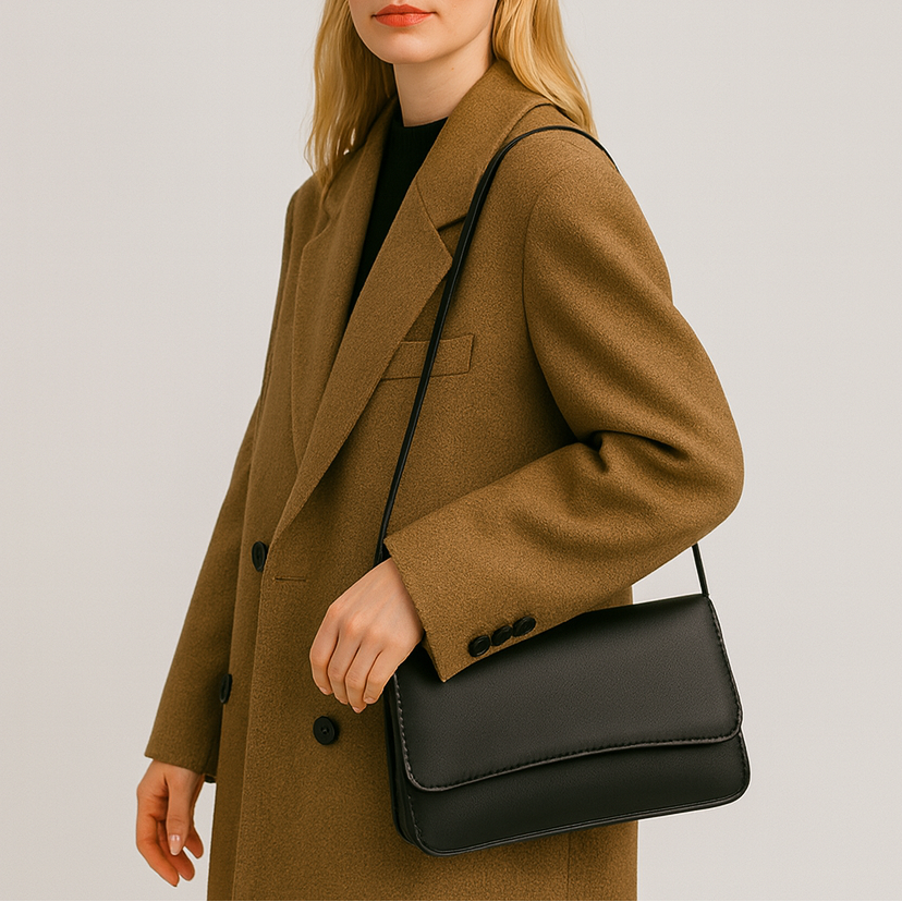 Rectangular shoulder bag with a detachable strap.