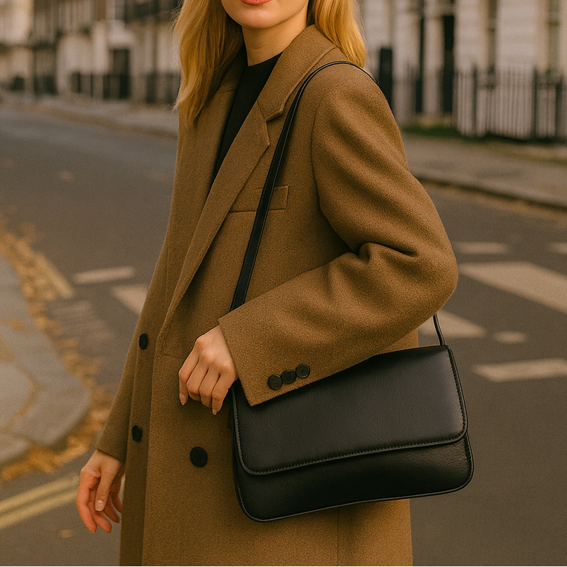 Rectangular shoulder bag with a detachable strap.