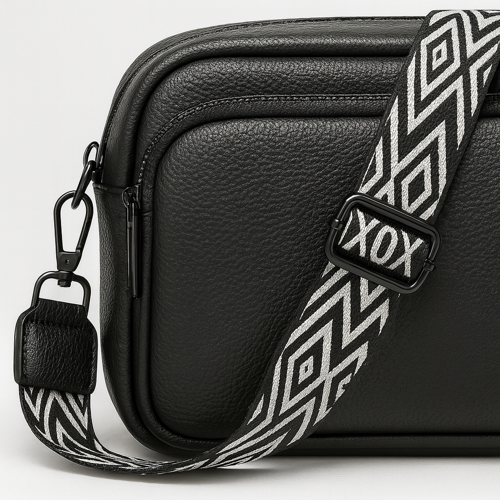 Crossbody bag with zip pocket and patterned strap.
