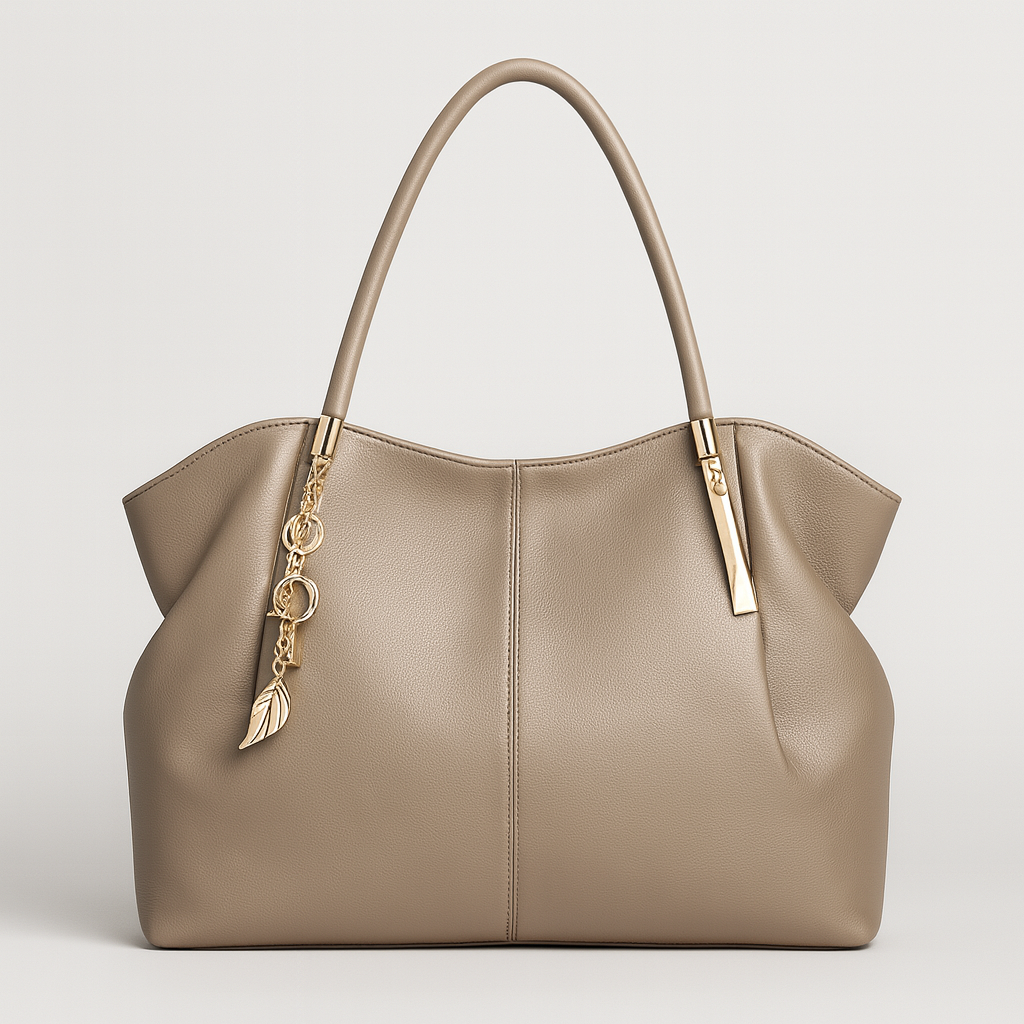 Large soft tote bag with double handles and decorative gold charms.