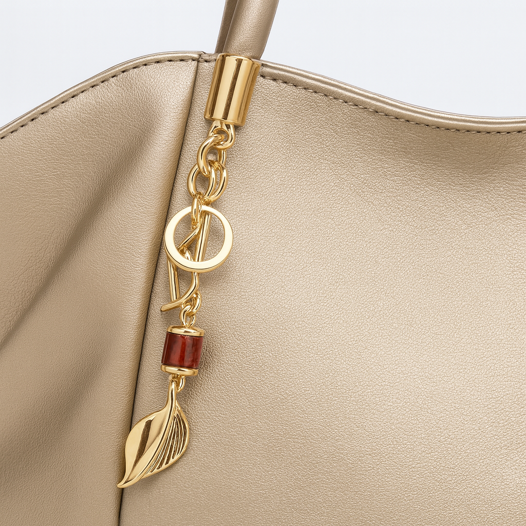 Large soft tote bag with double handles and decorative gold charms.