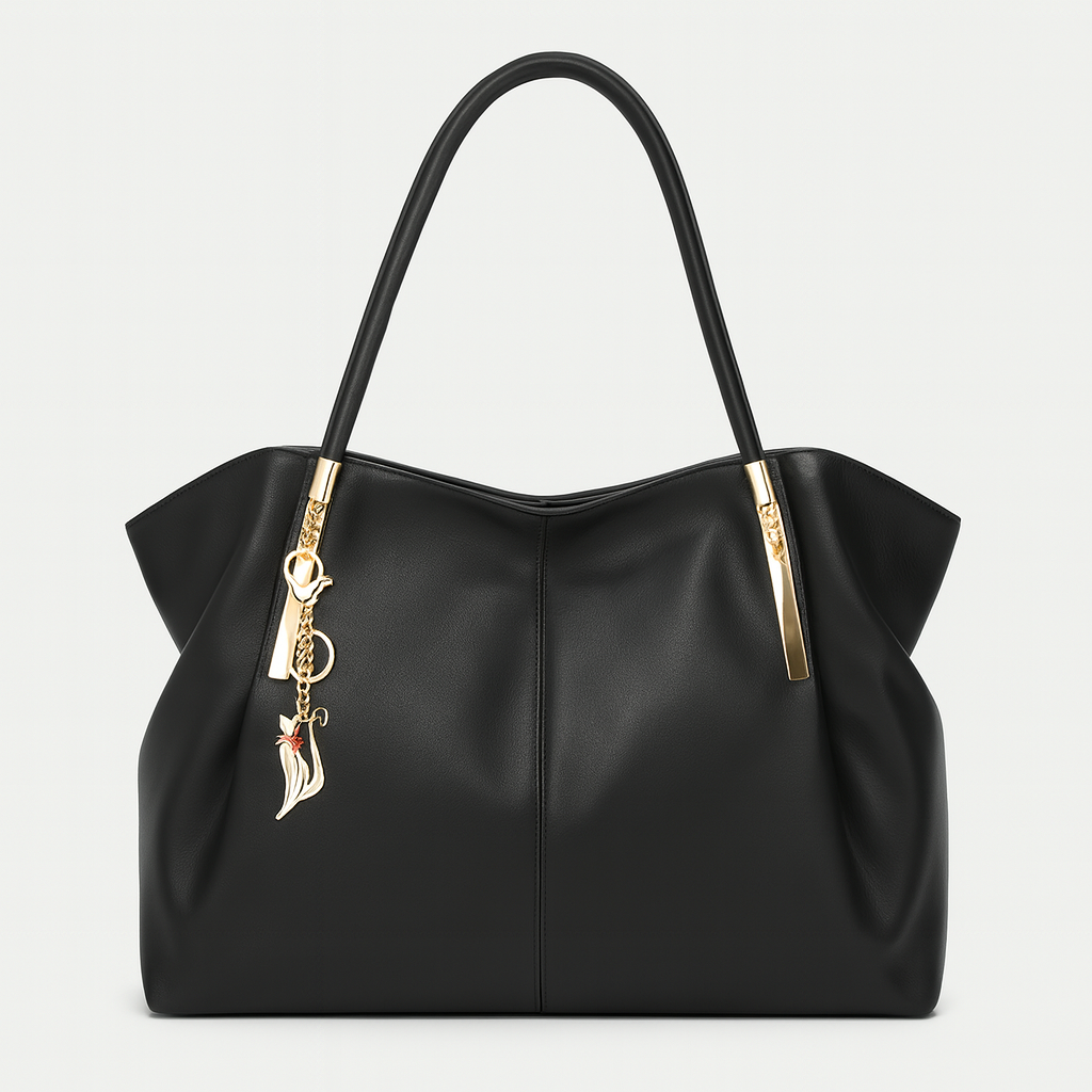 Large soft tote bag with double handles and decorative gold charms.